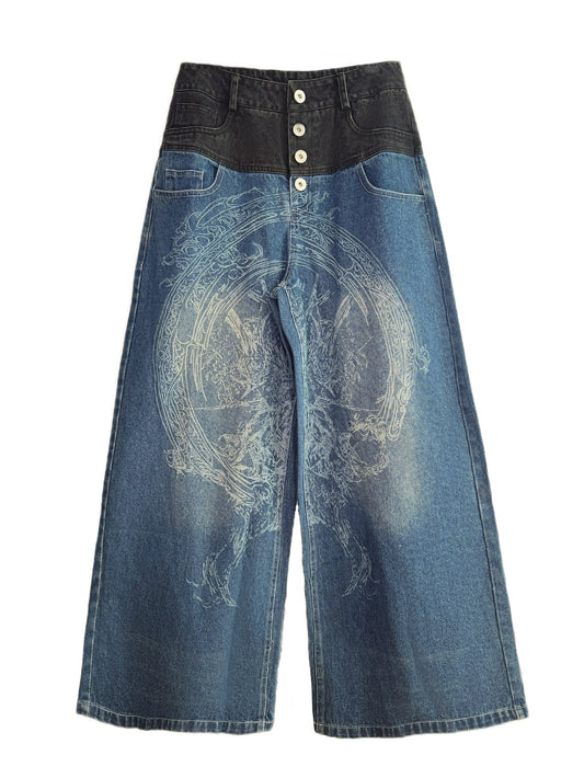 Elyoya Double Waist Patchwork Wide-Leg Jeans