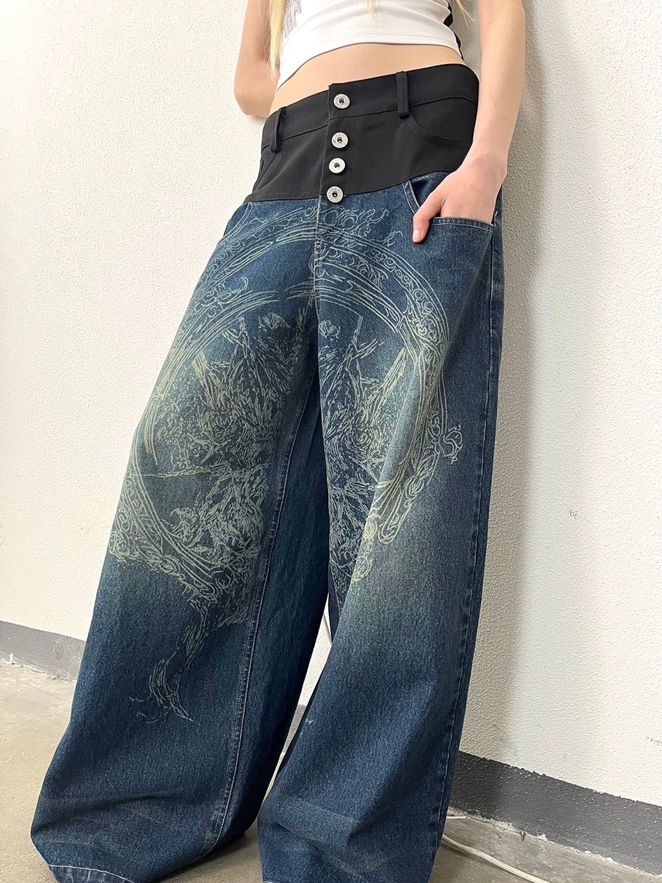 Elyoya Double Waist Patchwork Wide-Leg Jeans