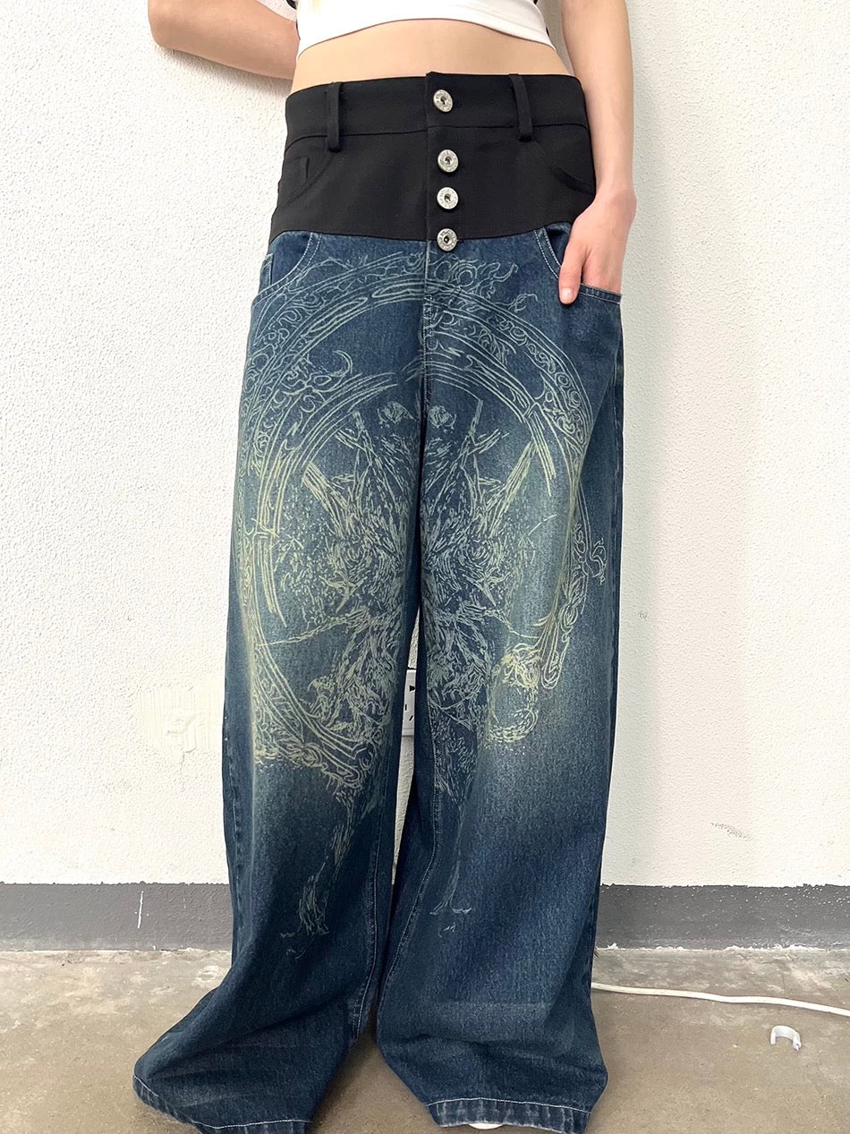 Elyoya Double Waist Patchwork Wide-Leg Jeans